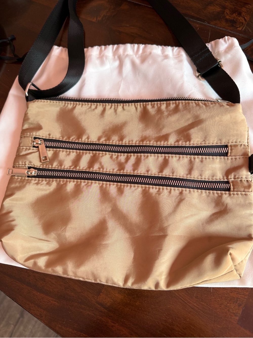 Neutral Tan Nylon Crossbody Bag with Dual Zip Pockets